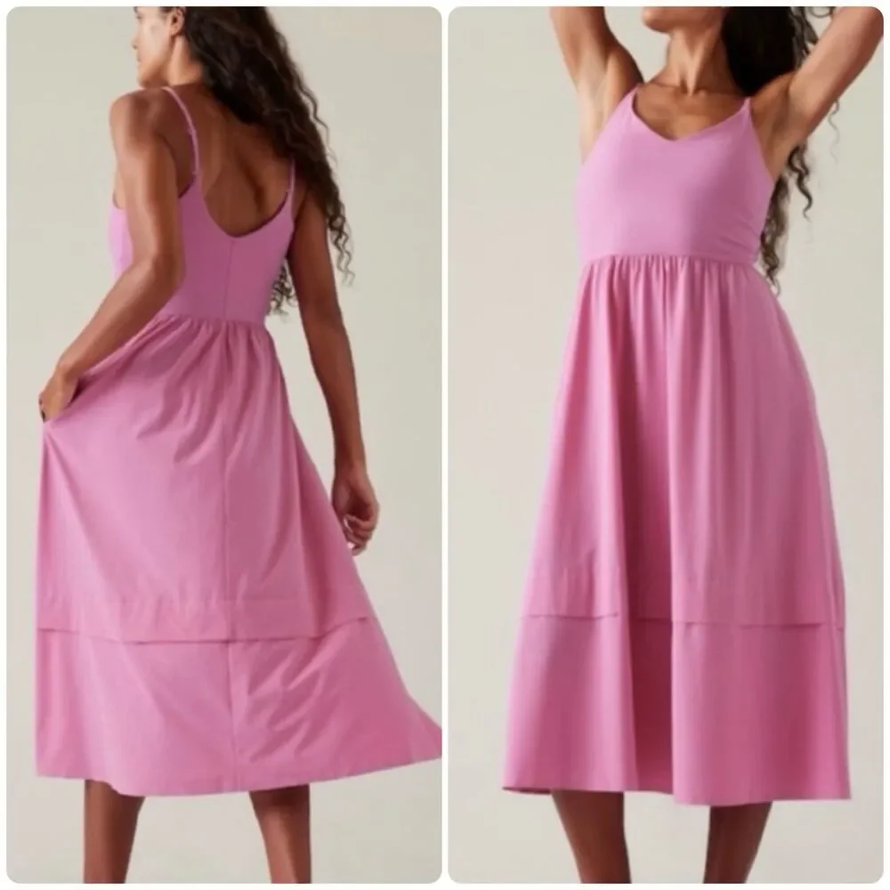 Athleta Elation V-Neck Hybrid Athletic Midi Dress in Pink Womens M 601546 - Picture 1 of 6